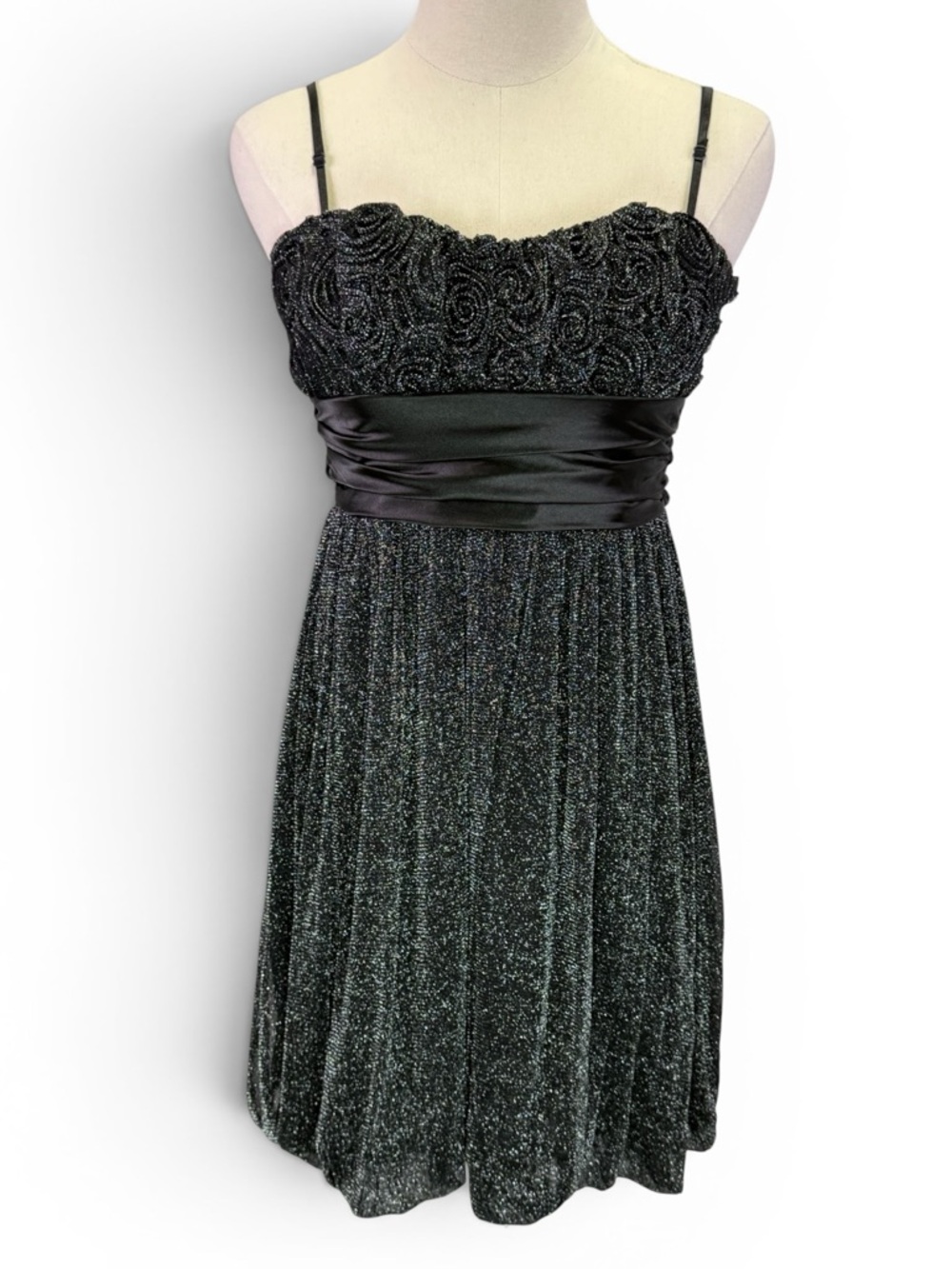 Y2K Agaci Black Glitter Rosette Bodice Party Dress with Satan Waist Band Size S